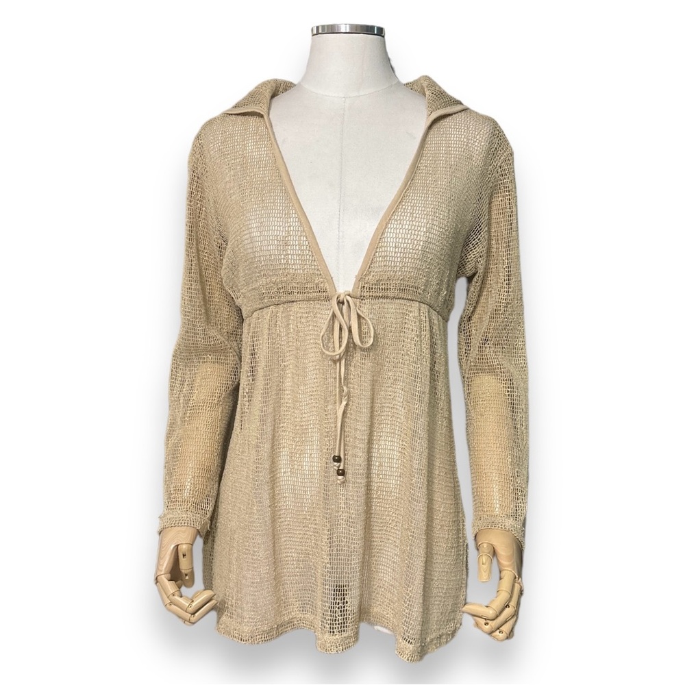 J. VALDI Cotton Crochet Plunge Neck Hooded Swim Cover Up